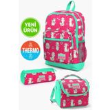 Coral High GOSET0123466 Kids Neon Mercan Su Yeşili Alpaka Desen Kalemlik Beslenme 3lü Okul Çanta Set