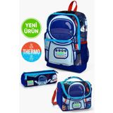 Coral High GOSET0123724 Kids Saks Mavi Astronot Desenli Kalemlik Beslenme 3’lü Okul Çanta Seti