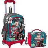 Coral High Gri Nefti Anime Motorsiklet Işıklı Tekerlekli Okul Çantası ve Beslenme Seti - Erkek Çocuk - Kırmızı - Yeşil