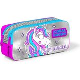 Coral High Iki Bölmeli Pembe Gümüş Simli Unicorn Desenli Kalem Çantası