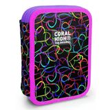 Coral High İki Katlı Düzenleyici Kalem Kutusu - Kalp Baskılı Siyah Pembe, Kız Çocuk, Kalp Baskılı Siyah Pembe
