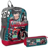 Coral High Ilkokul Sırt Çantası ve Kalemlik Seti - Gri Nefti Anime Motorsiklet - Erkek Çocuk - Kırmızı - Yeşil
