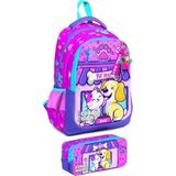 Coral High Ilkokul Sırt Çantası ve Kalemlik Seti - Kız Çocuk - Kedi Köpek - Pembe - Mor
