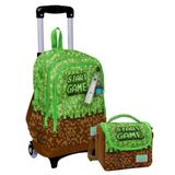 Coral High Işıklı Tekerlekli Çekçek Okul Çanta + Isı Yalıtımlı Beslenme Çantası - Erkek Çocuk - Yeşil Kahverengi Craft