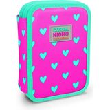Coral High Kalem Kutusu Neon Pembe Su Yeşili Kalp Desenli Çift Katlı PVC Malzeme