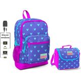 Coral High Kalp Baskılı Okul Çantası + USB Soketli Mor Kalpler Beslenme Çantası