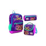 Coral High Kedi Desenli Dört Bölmeli Okul Çantası, Beslenme Çantası, Kalemlik 3'lü Set, Mor Pembe