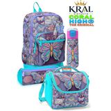 Coral High Kelebek Desenli Su Geçirmez 4'lü Okul Çantası Seti Kız Çocuklar İçin Renkli