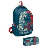 Coral High Kids Çivit Kırmızı Astronot Desenli 2'li Erkek Çocuk Okul Çanta Seti