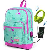 Coral High Kids Flamingo Desenli Su Yeşili USB Şarjlı Okul Sırt Çantası 27x40x16 cm Kız Çocuklar İçin