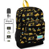 Coral High Kids İş Makineleri Baskılı Usb + Aux Soketli Dört Gözlü İlkokul Okul Çantası