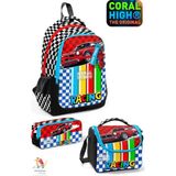 Coral High Kids Kırmızı Araba Desenli Üç Bölmeli Okul Sırt Çantası,beslenme Çantası ve Kalemlik Set