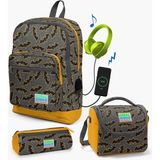 Coral High Kids Koyu Gri Hardal Yarasa Desenli Usb'li 3’lü Okul Çanta Seti Set 23821 Okul Çanta