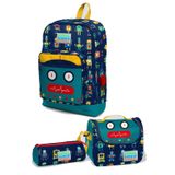 Coral High Kids Lacivert Çivit Robot Desenli 3'lü Okul Çanta Seti Erkek Çocuk - Sırt Çantası, Beslenme Çantası ve Kalemlik