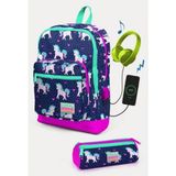 Coral High Kids Lacivert Pembe Unicorn Desenli USB'li 2'li Seti - Kız Çocuk Okul Çanta