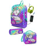 Coral High Kids Lavanta Su Yeşili Unicorn Desenli USB'li 3’lü Seti - Kız Çocuk Okul Çantası