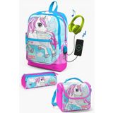Coral High Kids Mavi Neon Pembe Unicorn Desenli USB'li 3'lü Okul Çanta Seti Kız Çocuk Sırt Çantası