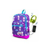Coral High Kids Mor Kedi Desenli Dört Bölmeli Usb Şarjlı Kulaklık Çıkışlı 23264 Okul Sırt Çantası