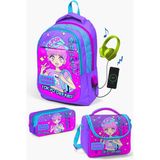 Coral High Kids Mor Pembe Mavi Simli K-Pop Desenli Usb'li 3’lü Okul Çanta Seti SET0124316