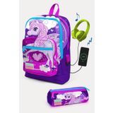 Coral High Kids Mor Pembe Unicorn Desenli USB'li 2'li Okul Çanta Seti - Kız Çocuk