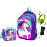 Coral High Kids Mor Unicorn Okul ve Beslenme Çantası - Kız Çocuk - USB Soketli - Sırt Çantası