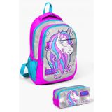 Coral High Kids Pembe Gümüş Simli Unicorn Desenli 2'li Okul Sırt Çanta Seti Kalem Çantası ile - Kız Çocuk