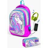 Coral High Kids Pembe Gümüş Simli Unicorn Desenli Usb'li 2'li Okul Çanta Seti Set0223412