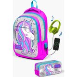 Coral High Kids Pembe Gümüş Simli Unicorn Desenli Usb'li 2'li Okul Çanta Seti