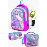 Coral High Kids Pembe Gümüş Simli Unicorn Desenli Usb'li 3’lü Okul Çanta Seti SET0123412
