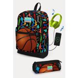 Coral High Kids Siyah Basketbol Desenli Usbli 2Li Okul Canta Seti - Erkek Cocuk
