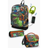 Coral High Kids Siyah Gri Dinozor Desenli Usb'li 3 Lü Okul Çanta Seti Set0123844