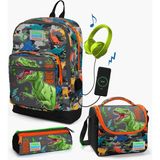 Coral High Kids Siyah Gri Dinozor Desenli Usb'li 3’lü Okul Çanta Seti Set 23844 Okul Çanta