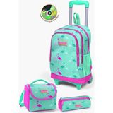 Coral High Kids Su Yeşili Neon Pembe Flamingo Desenli Çekçekli 3'lü Çanta Seti SET0123131 Okul Çantası