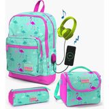 Coral High Kids Su Yeşili Neon Pembe Flamingo Desenli Usb'li 3’lü Okul Çanta Seti 23275 Okul Çanta