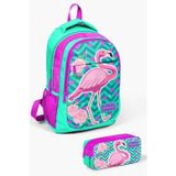 Coral High Kids Su Yeşili Pembe Simli Flamingo Desenli 2'li Okul Çanta Seti SET0214382
