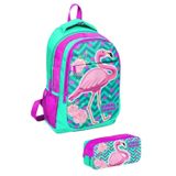 Coral High Kids Su Yeşili Pembe Simli Flamingo Desenli 2'li Okul Çanta Seti Sırt Çantası - Kız Çocuk
