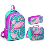 Coral High Kids Su Yeşili Pembe Simli Flamingo Desenli 3'lü Okul Çanta Seti - Kız Çocuk İlkokul Sırt Çantası