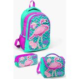 Coral High Kids Su Yeşili Pembe Simli Flamingo Desenli 3’lü Okul Çanta Seti SET0114382