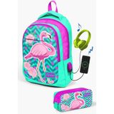 Coral High Kids Su Yeşili Pembe Simli Flamingo Desenli Usb'li 2'li Okul Çanta Seti SET0223411