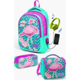 Coral High Kids Su Yeşili Pembe Simli Flamingo Desenli Usb'li 3’lü Okul Çanta Seti SET0123411