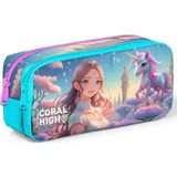 Coral High Kids Turkuaz Pembe Anime Kız Desenli Iki Bölmeli Kalem Çantası 12094