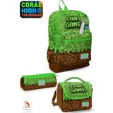 Coral High Kids Yeşil Kahverengi Craft Desenli Dört Bölmeli Okul Sırt Çantası,beslenme Çantası,kalem Çantası Set