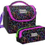 Coral High Kız Çocuk Kalp Baskılı Siyah Pembe Thermo Beslenme Çantası ve İki Bölmeli Kalemlik Seti