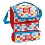 Coral High Kız Çocuk Kırmızı Çok Renkli Dama Desenli İki Katlı Beslenme Çantası ve Kalemlik Seti (37205+31025)