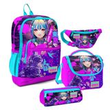 Coral High Kız Çocuk Mor Pembe Anime Kedi Desenli İlkokul Okul Çanta Seti ve Bel Çantası Sırt Çantası