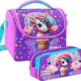 Coral High Kız Çocuk Mor Pembe Dondurma Unicorn Thermo Beslenme Çantası Ve İki Bölmeli Kalemlik Seti