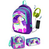 Coral High Kız Çocuk Mor Unicorn 3'lü Çanta Takımı USB Soketli Sırt Çantası