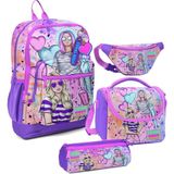 Coral High Kız Çocuk Pembe Mor Fashion Girl Desenli Ilkokul Okul Çanta Seti ve Bel Çantası - Mor - Turkuaz