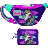 Coral High Kız Çocuk Pembe Su Yeşili Unicorn Desenli Bel Çantası ve Bozuk Para Cüzdanı Set - Pembe - Yeşil