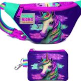 Coral High Kız Çocuk Pembe Su Yeşili Unicorn Desenli Bel Çantası ve Bozuk Para Cüzdanı Set